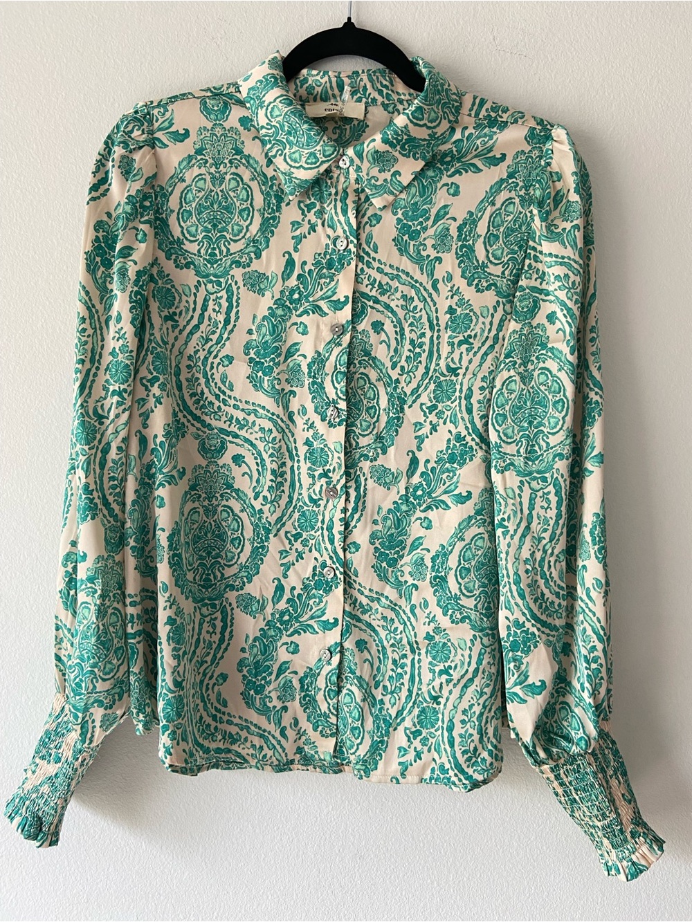 Entro Teal Green Floral Print Button Down Blouse Size Large